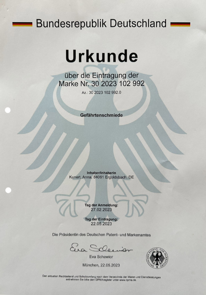Urkunde über Markeneintragung